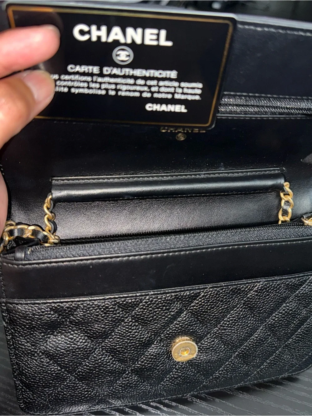 CHANEL Black Quilted Caviar Leather Mini Wallet on Chain with Gold Hardware